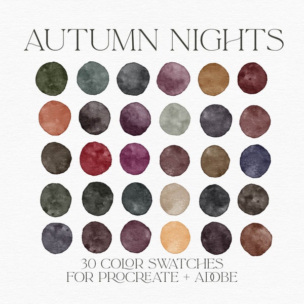 Fall Procreate Color Palette, Autumn Nights Fall Color Scheme for Adobe Illustrator, InDesign, and Photoshop, Dark and Moody Brand Colors