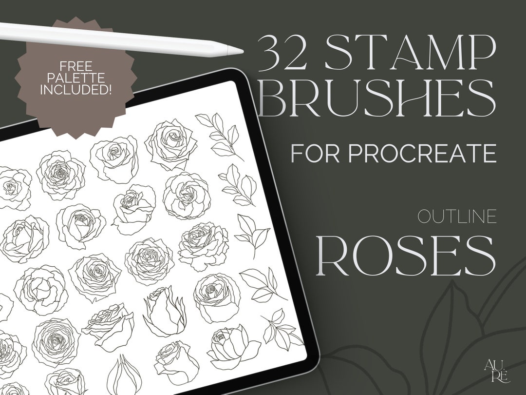 Rose Procreate Stamp Brush Set - Floral Line Work - Hand Drawn Block ...