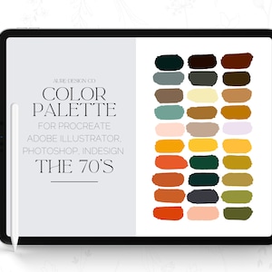 May include: A digital tablet screen displaying a color palette with 24 different color swatches. The colors are a mix of warm and cool tones, including shades of brown, yellow, orange, green, and blue. The text on the screen reads "ALRE-DESIGN CO COLOR PALETTE FOR PROCREATE ADOBE ILLUSTRATOR, PHOTOSHOP, INDESIGN THE 70'S".