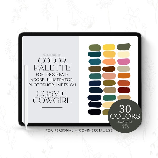 Trendy Color Palette for Procreate, Adobe Illustrator and Photoshop Swatches, Cosmic Cowgirl, Retro Vibe Palette for Digital Art and Design