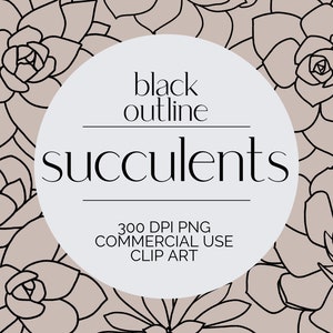 Succulent Clip Art - Hand Drawn Line Art - Black Outlined Succulents - 300 DPI PNG - Commercial Use Clipart