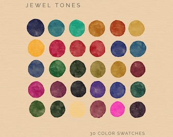 Jewel Tones Color Palette for Procreate, Adobe, and Canva: 30 Curated Color Swatches