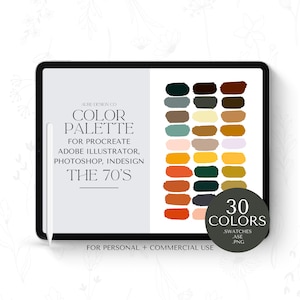 May include: A digital illustration of a color palette with 30 colors in shades of brown, orange, yellow, green, blue, and gray. The text "COLOR PALETTE" is at the top of the image, and the text "THE 70'S" is below it. The text "30 COLORS" is in a circle at the bottom right of the image. The text "SWATCHES ASE PNG" is below the circle.