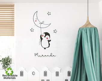 Personalized Cute Penguin+Moon Decal Stickers Set Wall Graphic Kids Bedroom Nursery Decor DayCares Surf.Washable Perm+Removable Avery 10YrLf
