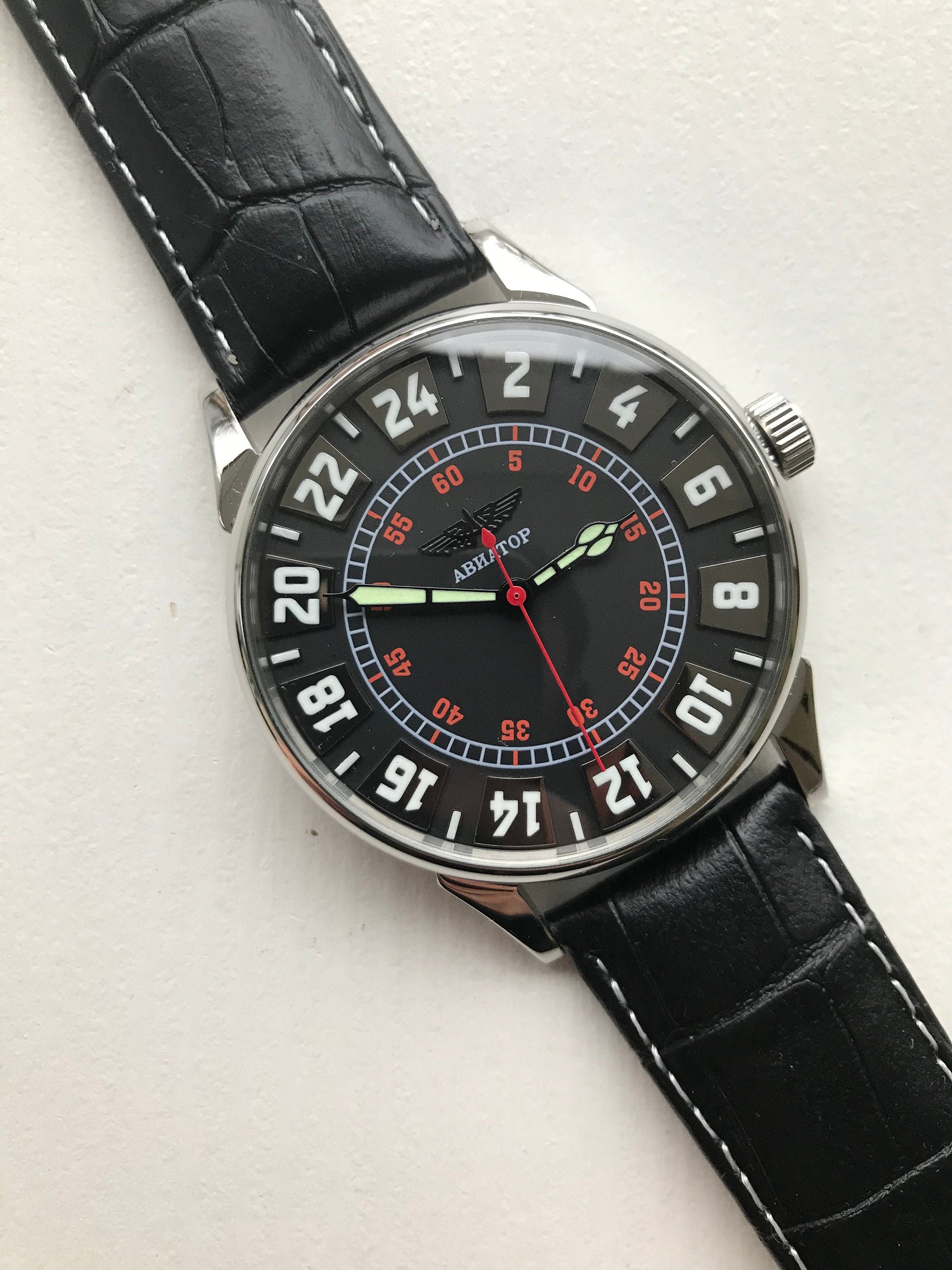 Mens 24 Hour Watch Aviator Vintage 24 Hour Dial Watch 24h Etsy