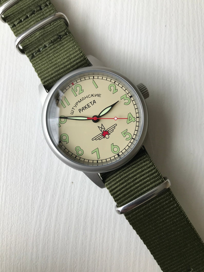 Mens military Shturmanskie Raketa watch, vintage mens mechanical watch, shops Soviet USSR mens watch, russian mens beige watch, gift for him