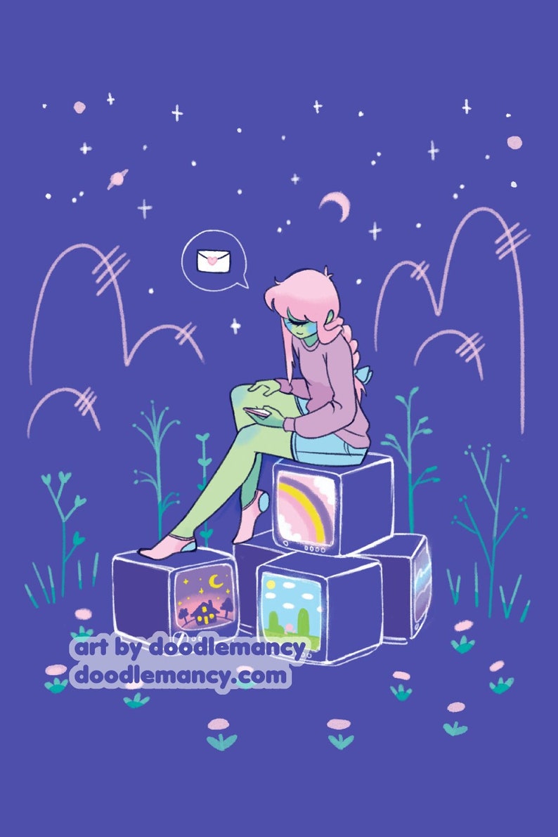 May include: A cartoon illustration of a person sitting on a stack of old televisions with a rainbow, a night sky, and a landscape scene on the screens. The person is wearing a pink shirt and blue shorts and is looking at a phone. The background is a purple sky with stars and a crescent moon. The text "art by doodlemancy doodlemancy.com" is at the bottom of the image.