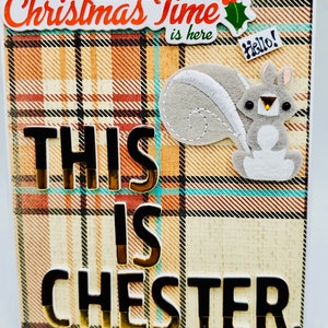 Este es Chester. Estas son las nueces de Chester que se tuestan en un fuego abierto. ¿Alguna pregunta? Feliz tarjeta de felicitación de Navidad con Chester la ardilla