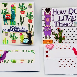 2 cartes d'amour de lama : Como Te Amos, Mama ?... Hola ! Carte de voeux/Comment est-ce que je t'aime ? Lama Count The Ways / Llama Love Carte de vœux
