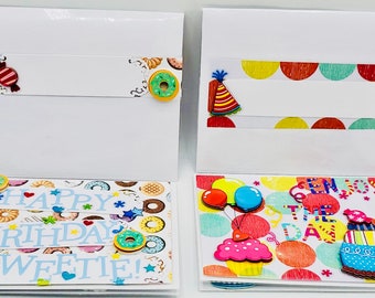 2 Celebratory Cards: Happy Birthday, Sweetie Hugs & Donuts You Are Loved Greeting Card/Enjoy The Day So Sweet With Cupcakes + Cake Greeting