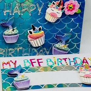 "Happy Birthday Magical Girl Dream My BFF Geburtstags-Gruß-Karte ""Einhorn und Meerjungfrau Cupcake"" Geburtstags-Wünsche-Grußkarte/Meerjungfrau & Einhörner."