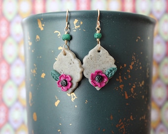 Gray Arabesque Floral Polymer Clay & Emerald 14k Gold-Filled Earrings
