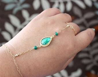 Bollywood-Inspired Emerald Framed Gemstone 14k Gold-Filled Slave Bracelet Hand Chain