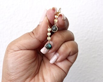 Bezeled Labradorite Teardrop Sequin Disk Chain 14k Gold-Filled Dangle Earrings