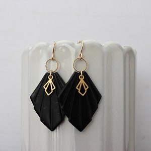 Black Art Deco Polymer Clay 14k Gold-Filled Earrings