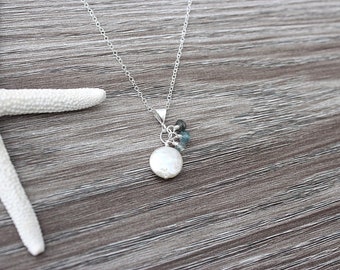 Aquamarine & Coin Freshwater Pearl 16" Sterling Silver Necklace