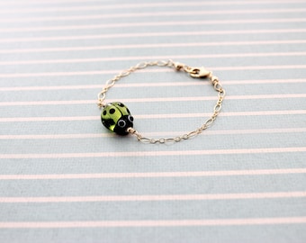 Clear Lampwork Bead Ladybug 6-inch 14k Gold-Filled Child-Size Bracelet