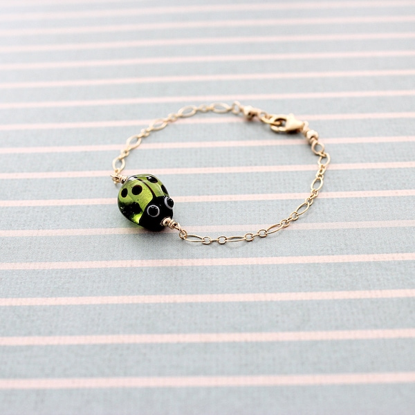 Clear Lampwork Bead Ladybug 6-inch 14k Gold-Filled Child-Size Bracelet