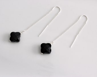 Black Agate Quatrefoil Sterling Silver Threader Earrings