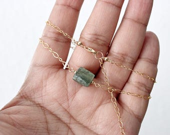 Green Kyanite Chunk 14" Gold-Filled Choker with 3" Extension Chain