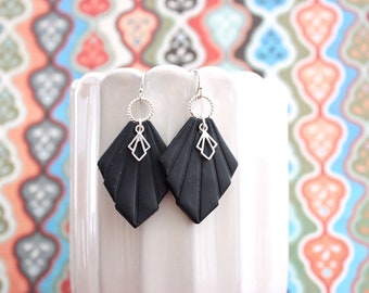 Black Art Deco Polymer Clay Sterling Silver Earrings