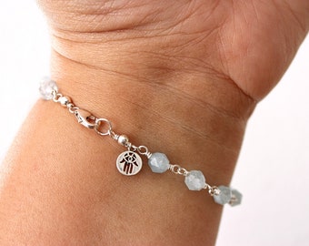 Aquamarine 7.5" Sterling Silver Bracelet with Hamsa Charm and Lobster Clasp