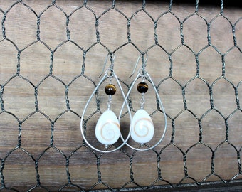 Dripping Shells Shiva Shell & Tigers Eye Sterling Silver Teardrop Earrings