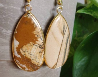 Picture Jasper Brown Beige Water Drop 14K Gold PLATED Earrings