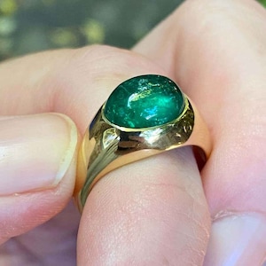 Emerald Cabochon Ring/Solid Silver 18k Gold Plated Ring, Astrology Purpose Natural Emerald Ring For Men's