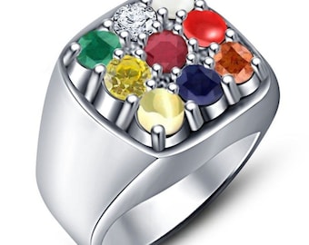Certified Navratna Ring: 925 Sterling Silver Nine Gemstone Ring