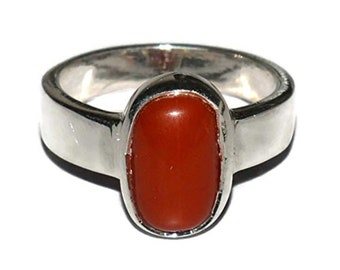 Natural Red Coral Ring, Certified Moonga Gemstone, Sterling Silver, Unisex Astrology Jewelry