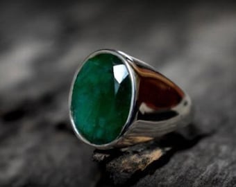 Emerald Signet Ring Mens: 925 Sterling Silver Bohemian Ring