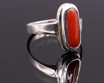 Natural Red Coral Sterling Silver Ring, Certified Moonga Gemstone, Men Women Size