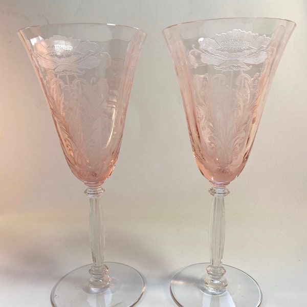 Tiffin Flanders Water Goblets/Red Wine (Stem 024-15024), Etched Poppies Pink Bowl, Clear Ribbed Stem, Elegant and Rare, Sold Individually