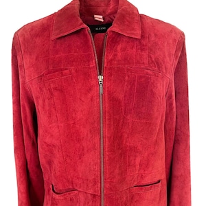 May include: A red suede jacket with a collared neckline, a full-length zipper, and two front pockets. The jacket has a textured appearance and the brand name "Alfani" is visible on the label.
