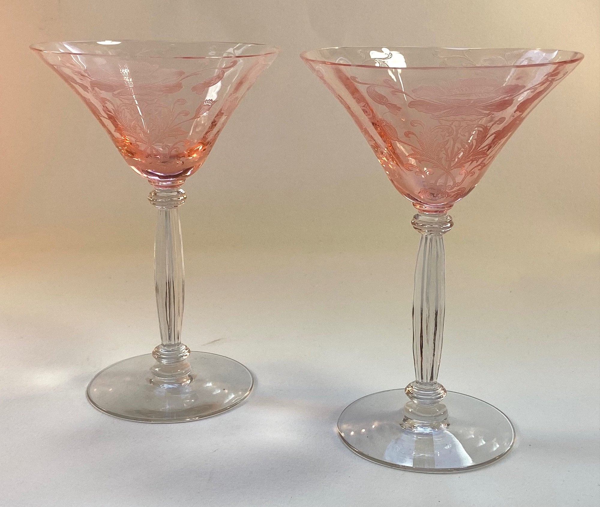 Tiffin Flanders Pink Champagne Glass: Etched Poppies, Ribbed Stem