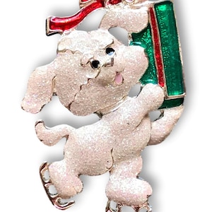 Christmas Brooch - White Dog Ice Skating w/Gift - Vintage - 2.25 x 1.25&quot; - Like New