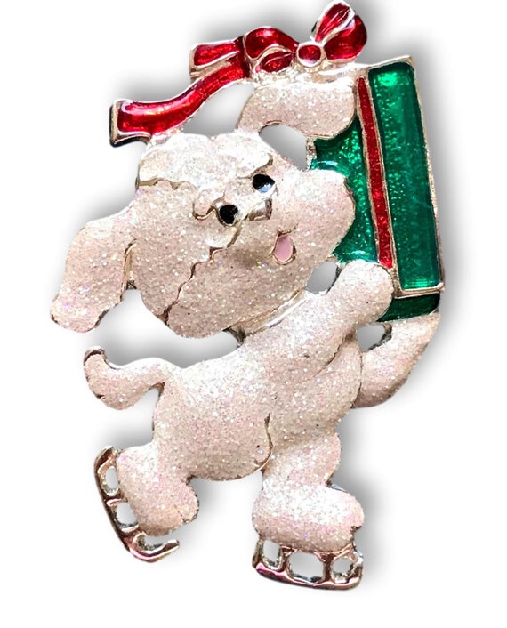 Christmas Brooch - White Dog Ice Skating w/Gift - 