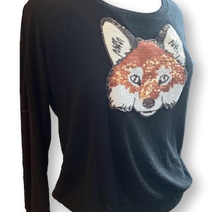 Bobeau Women's Small Black Long Sleeve Round Neck Top, Copper/White/Black Sequin Fox Face, Pullover, Soft Knit, Lightweight, Made in USA