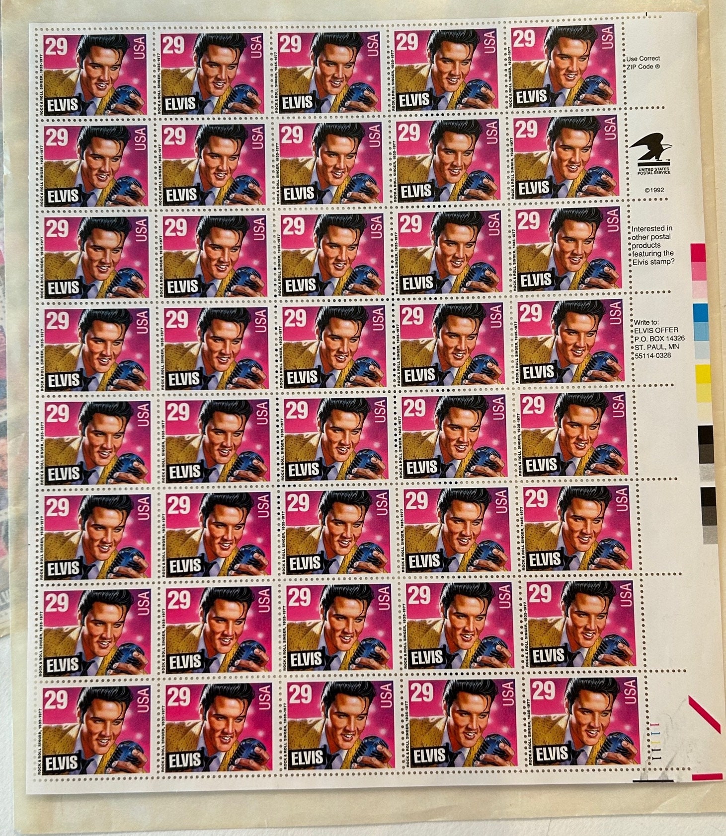 1992 Elvis Presley 29 Cent Postage Stamps - Uncut Sheet of 40