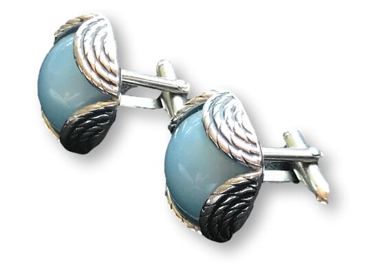 Pearlescent Blue Stone and Antique Silver Cufflin… - image 3