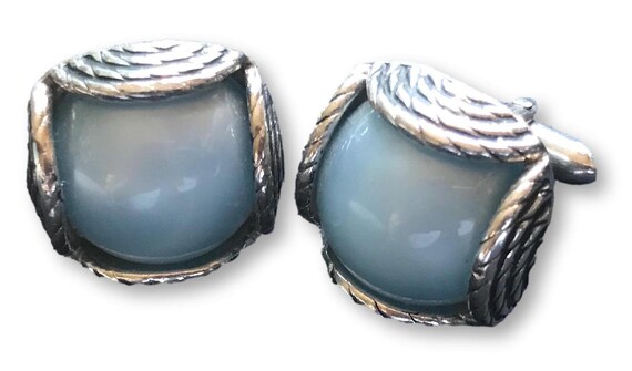 Pearlescent Blue Stone and Antique Silver Cufflin… - image 2