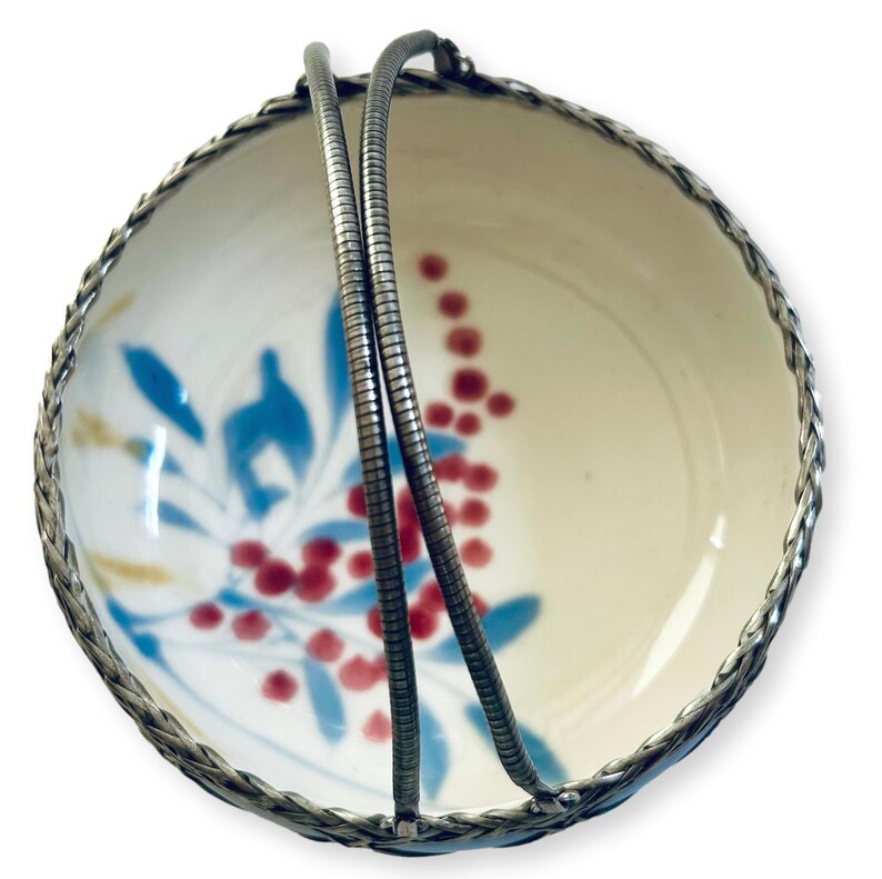 Japanese Awaji Ware Basket Bowl: Silver Overlay, Hand Painted Floral ...