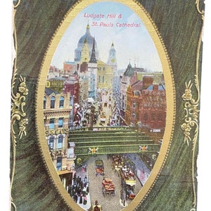 1910 Framed Gem Glosso Carte postale de Ludgate Hill &St. Paul’s Cathedral Londres - 1902 Timbre du roi George VII
