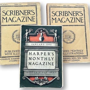May include: Three vintage magazine covers from the late 1800s. The covers are all yellowed with age and feature illustrations of cherubs and text that reads "Scribner's Magazine" and "Harper's Monthly Magazine".