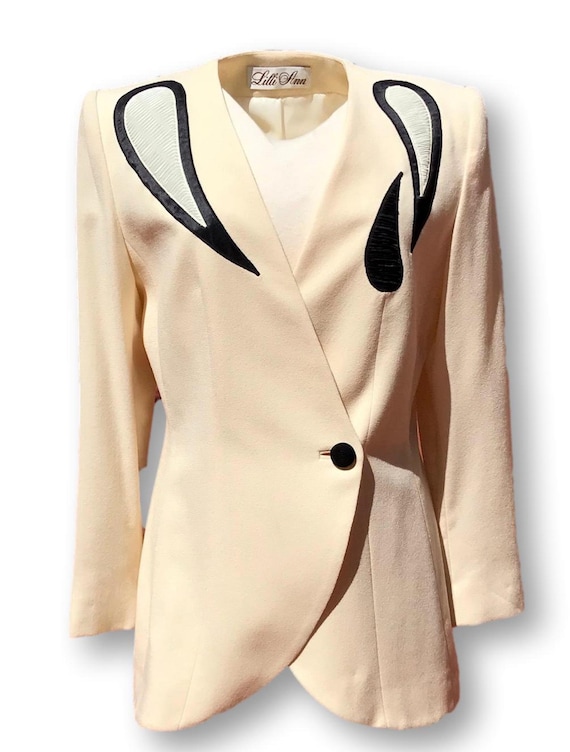 Lilli Ann, One Button Blazer, Ivory with Applique… - image 1