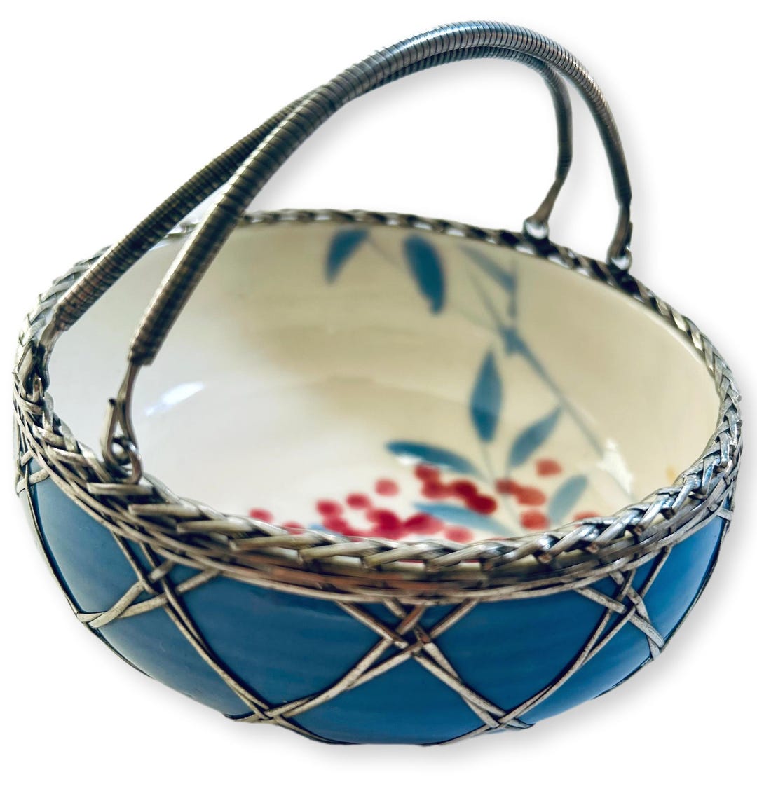 Japanese Awaji Ware Basket Bowl: Silver Overlay, Hand Painted Floral ...