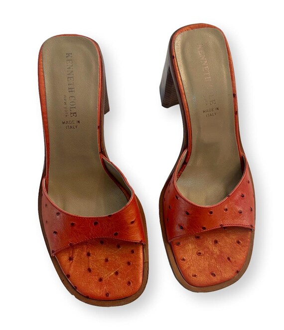 Kenneth Cole Open Toe Stack heel Sandals Made in Italy Windsor Tan Leather Upper lining sole Ostrich Pattern New Never Worn Ladies 7US Etsy