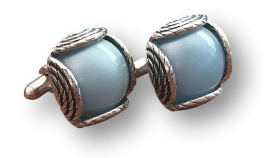 Pearlescent Blue Stone and Antique Silver Cufflin… - image 1