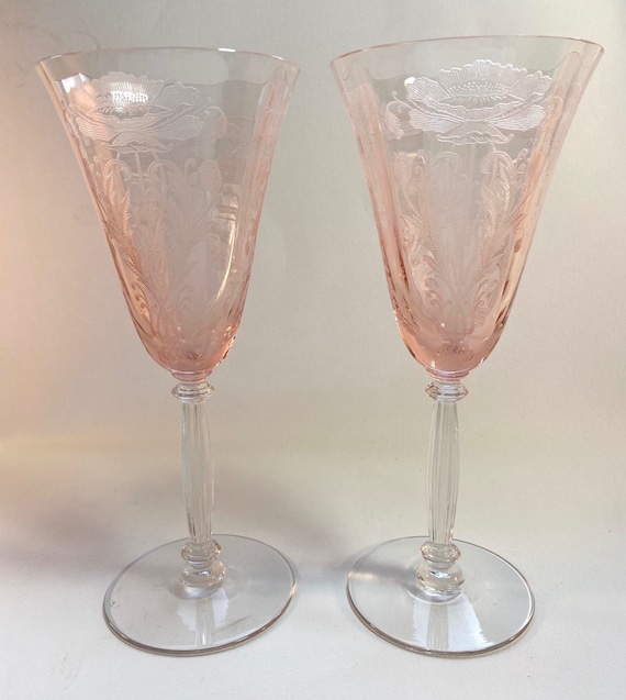 Tiffin Flanders Pink Etched Poppies Water Goblet - Ribbed Stem